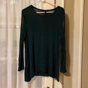 Dark green BCBG Maxazria long sleeve shirt with black leather sleeves
